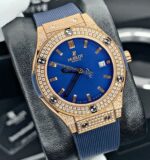 ساعت مچی زنانه هابلوت رزگلد صفحه سرمه‌ای تمام نگین Hublot Diamonds Rose Gold Navy Screen Full Jewel - تصویر 2