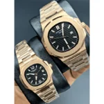 ست کاپل ساعت مچی پتک فیلیپ ناتیلوس طلایی صفحه مشکی (تک و ست) Patek Philippe Nautilus Golden Black Screen Couple Set - تصویر 2