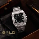 ساعت مچی مردانه طرح Cartier Santos صفحه مشکی، بند استیل
